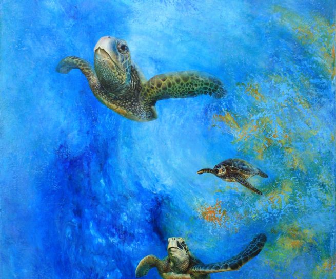 Three Sea Turtles in Blue