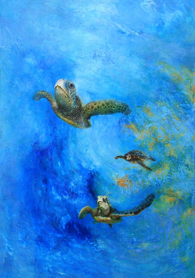 Three Sea Turtles in Blue